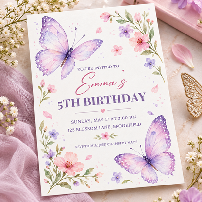 Purple butterfly invitation angled on pink linen beside a gold butterfly ornament