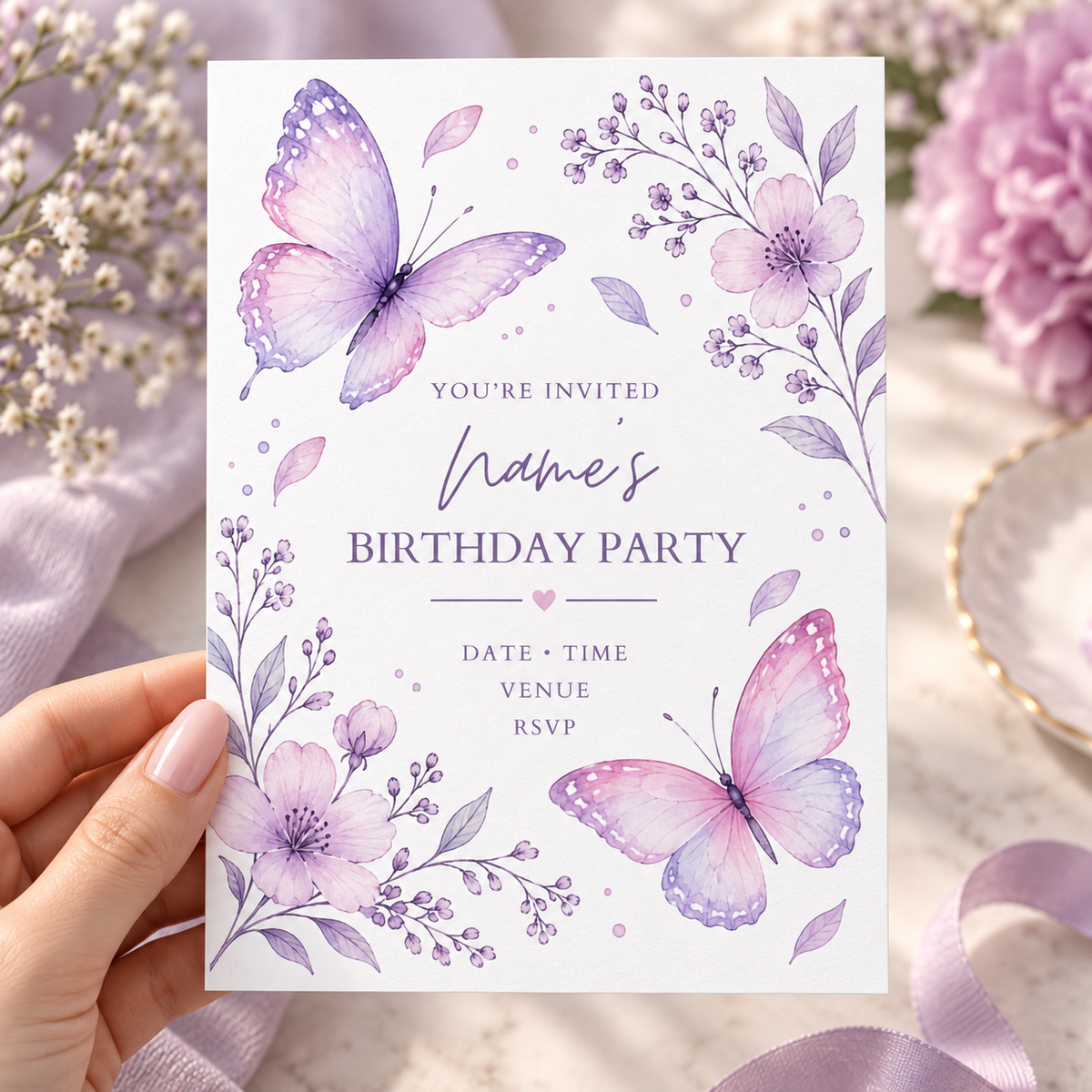 Hand holding a white birthday invitation with lilac blossom sprays and two pink-lilac butterflies