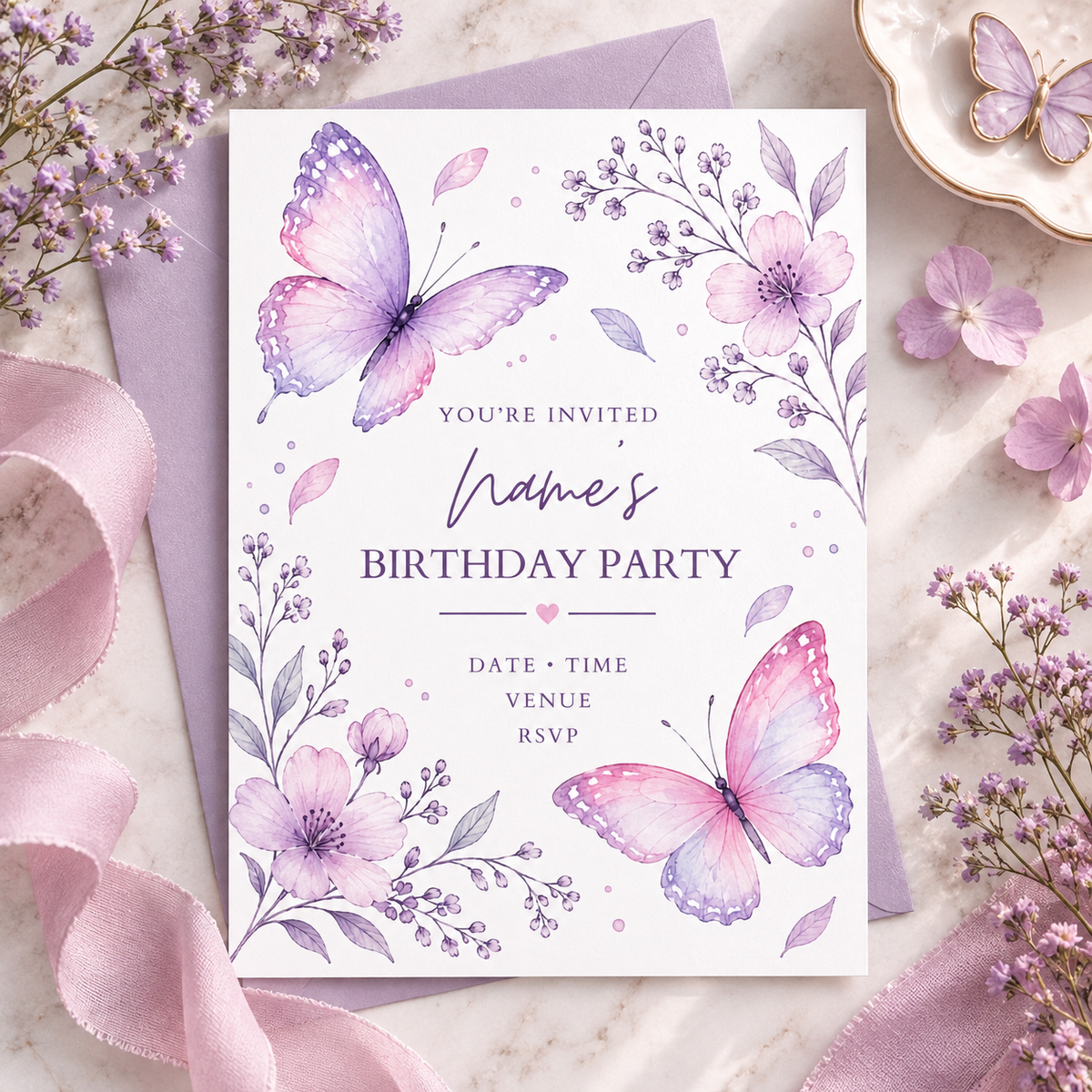 Lilac butterfly invitation on a lilac envelope with pink ribbon and dried flowers