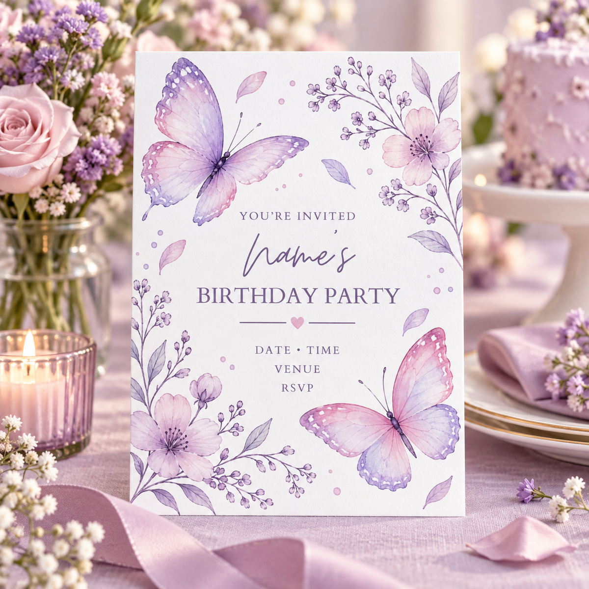 Lilac blossom butterfly invitation standing on a party table beside a frosted cake
