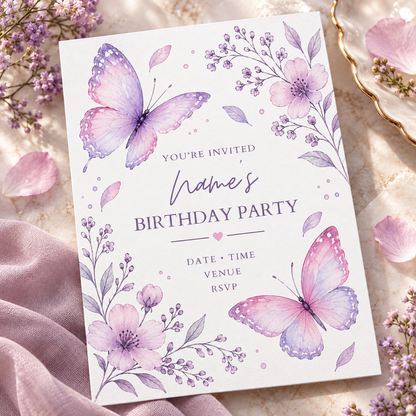 Purple butterfly birthday invitation angled on mauve fabric with pink petals