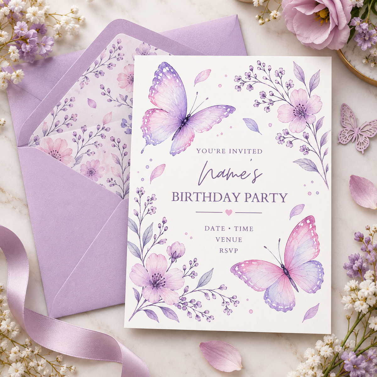 Lilac butterfly invitation beside a lilac envelope with a floral liner and satin ribbon
