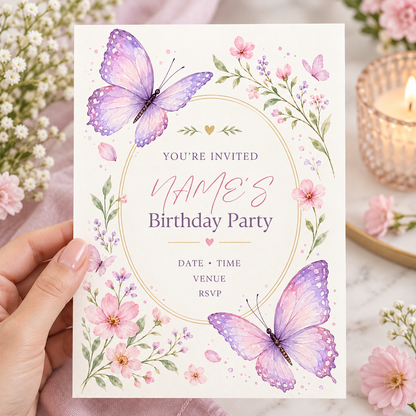 Hand holding a cream butterfly birthday invitation with a gold oval frame and lilac butterflies
