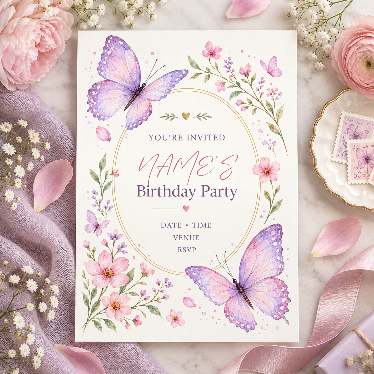 Gold oval butterfly invitation on lilac linen with pink roses and baby's breath