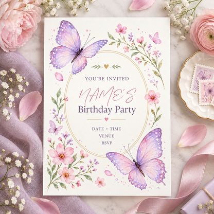 Gold oval butterfly invitation on lilac linen with pink roses and baby's breath