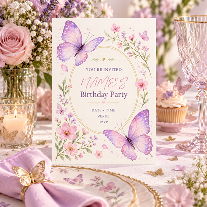 Butterfly birthday invitation standing on a lilac party table with cupcakes and glasses