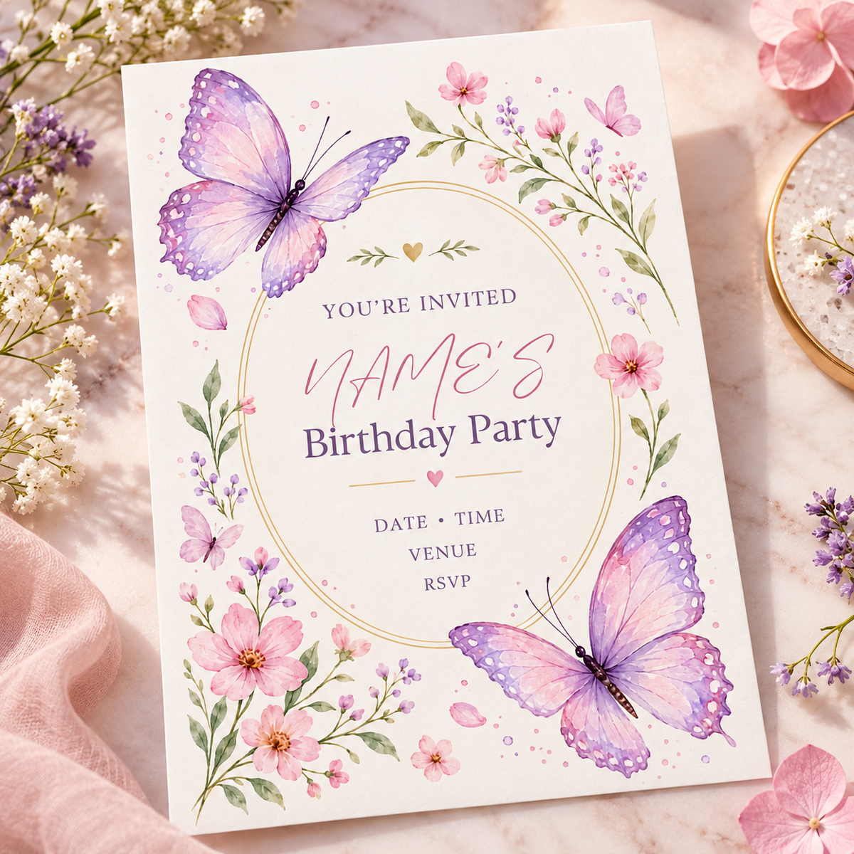 Lilac butterfly invitation angled on pink fabric beside lavender sprigs