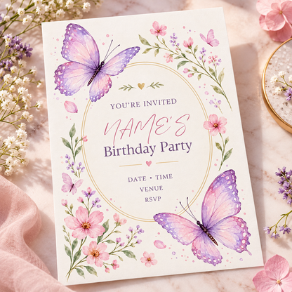 Lilac butterfly invitation angled on pink fabric beside lavender sprigs