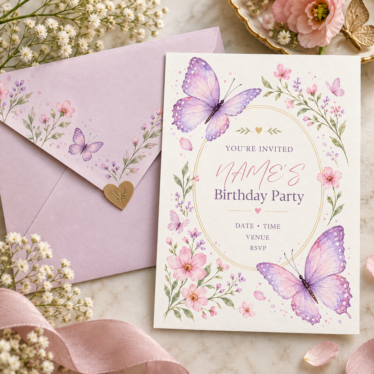Butterfly birthday invitation next to a lilac envelope printed with a butterfly and heart seal