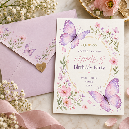 Butterfly birthday invitation next to a lilac envelope printed with a butterfly and heart seal