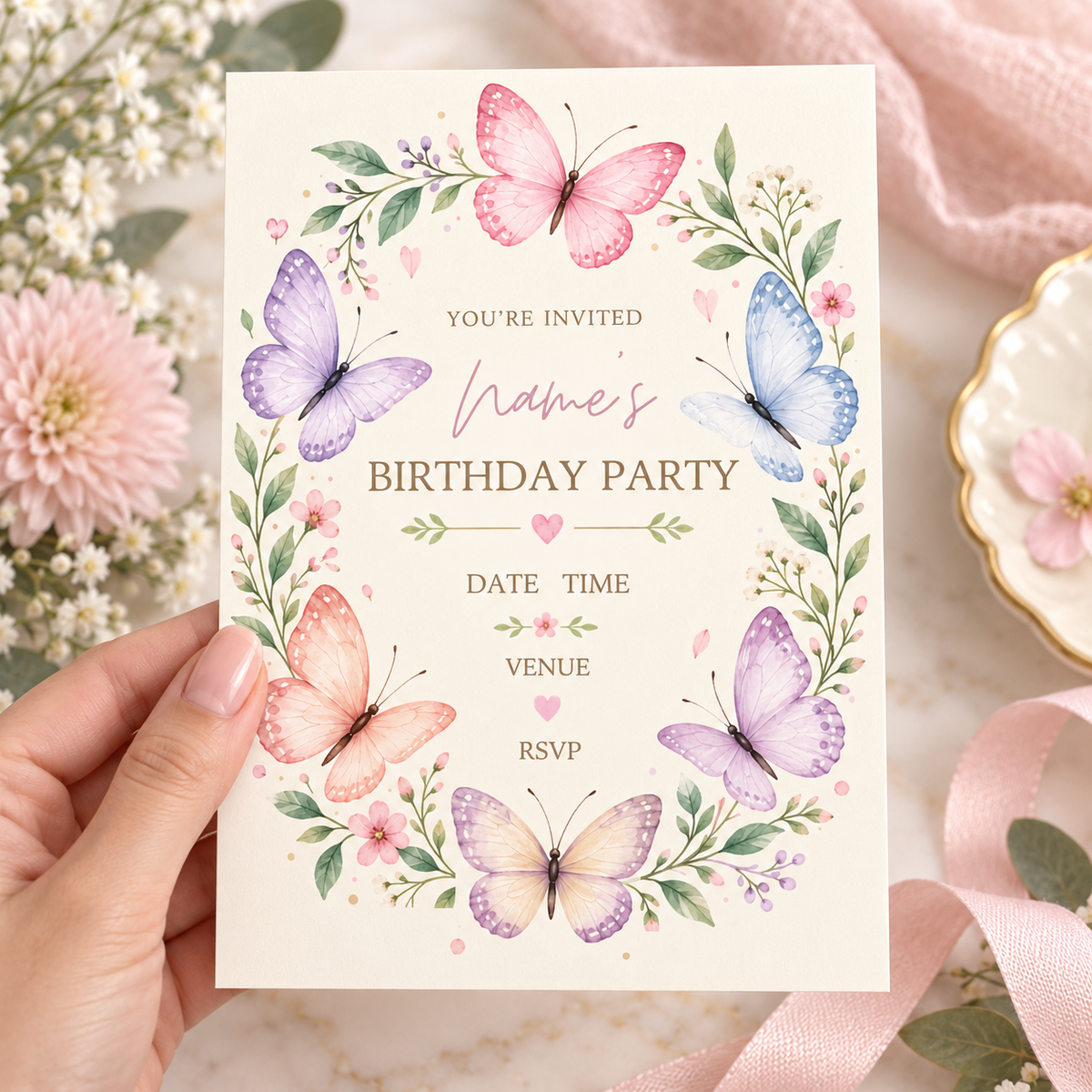 Hand holding a cream birthday invitation with a greenery wreath and six pastel butterflies