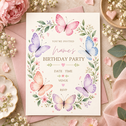 Butterfly wreath invitation on a pink envelope with roses, baby's breath and pink linen