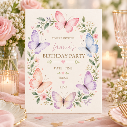 Pastel butterfly wreath invitation standing on a candlelit party table with roses