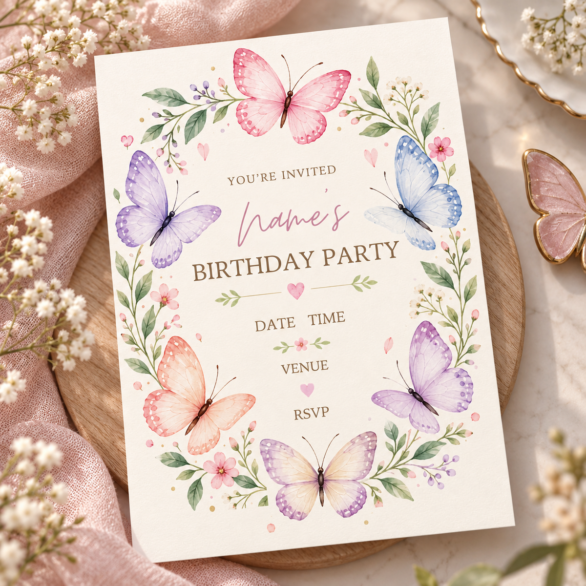 Butterfly wreath birthday invitation on a round wooden board with baby's breath