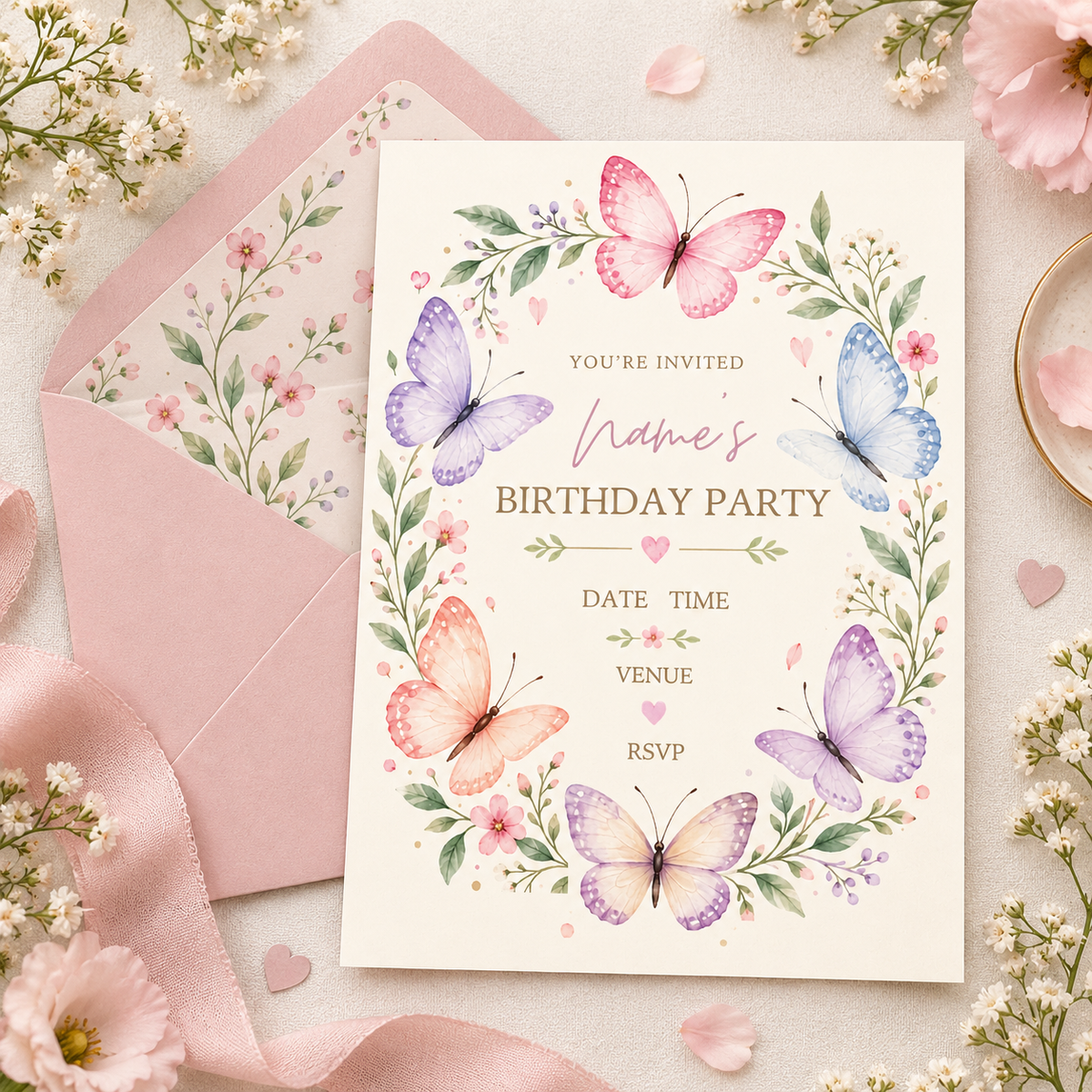 Butterfly wreath invitation beside a pink envelope with a floral liner and pink ribbon