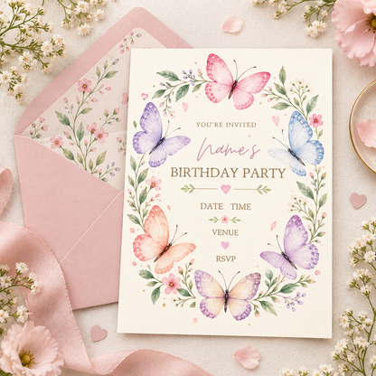 Butterfly wreath invitation beside a pink envelope with a floral liner and pink ribbon