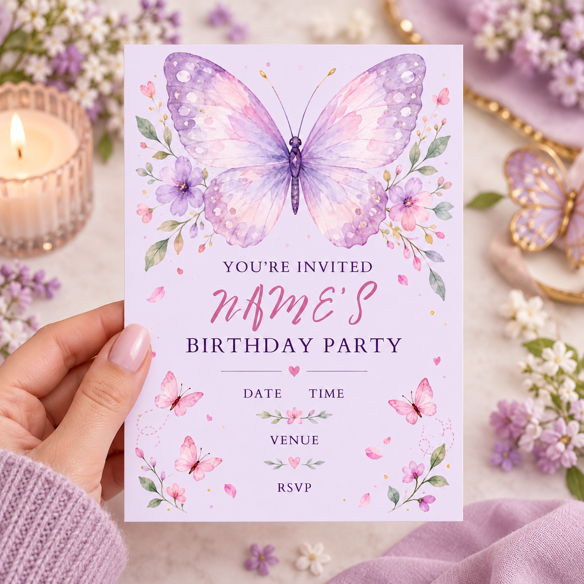 Hand holding a lilac birthday invitation with a large pink and purple watercolor butterfly