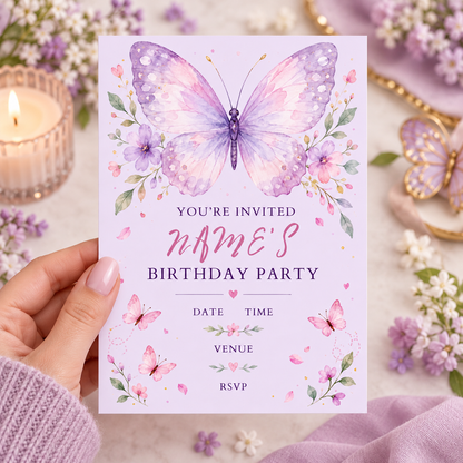 Hand holding a lilac birthday invitation with a large pink and purple watercolor butterfly