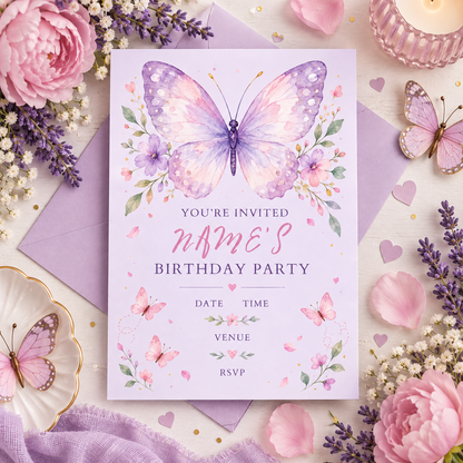 Lilac butterfly invitation on a lilac envelope surrounded by pink roses and lavender