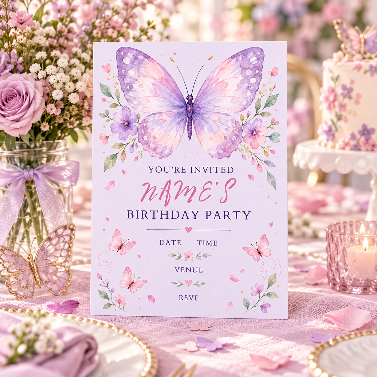 Large butterfly birthday invitation standing on a pastel party table near a cake