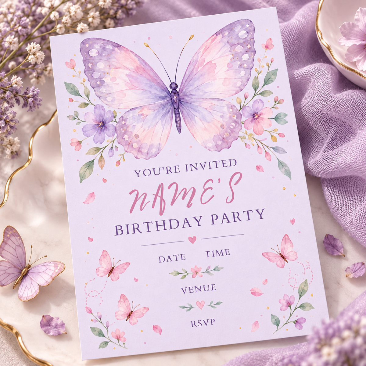 Lilac butterfly invitation angled on lavender fabric beside a small butterfly decoration
