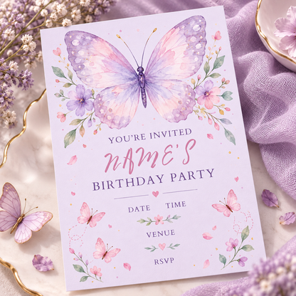 Lilac butterfly invitation angled on lavender fabric beside a small butterfly decoration