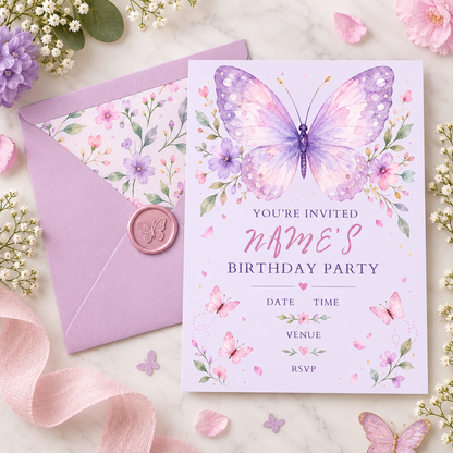 Lilac butterfly birthday invitation next to a floral-lined envelope with a pink wax seal