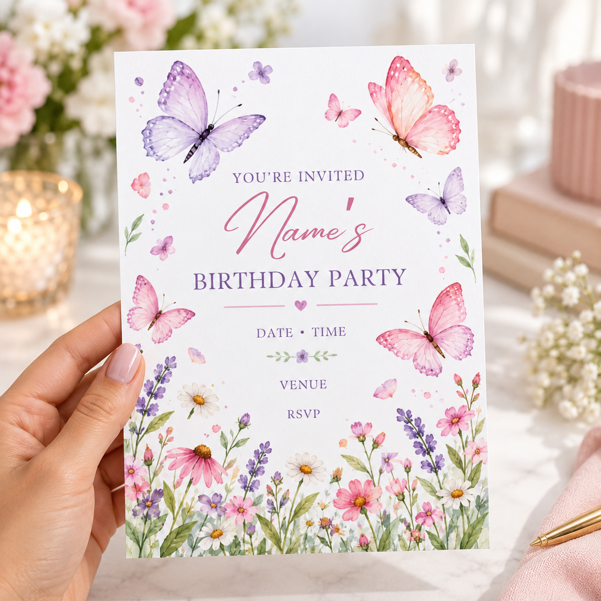 Hand holding a white birthday invitation with pink and lilac butterflies above a wildflower meadow