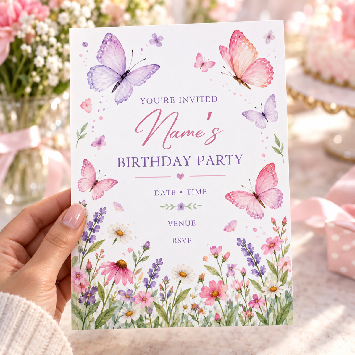 Wildflower butterfly invitation held in front of pink flowers and a gift box