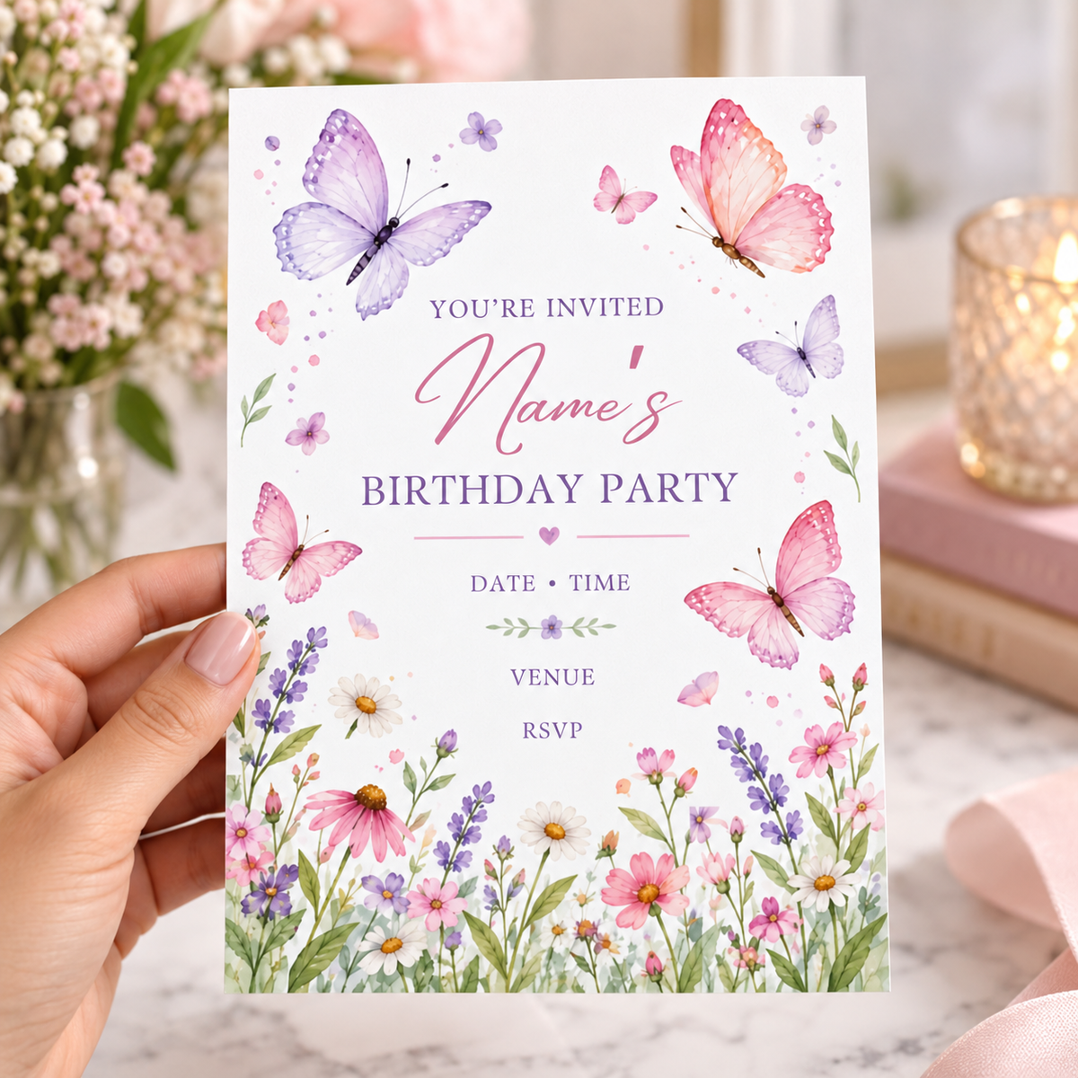 Butterfly meadow birthday invitation held beside baby's breath and a candle