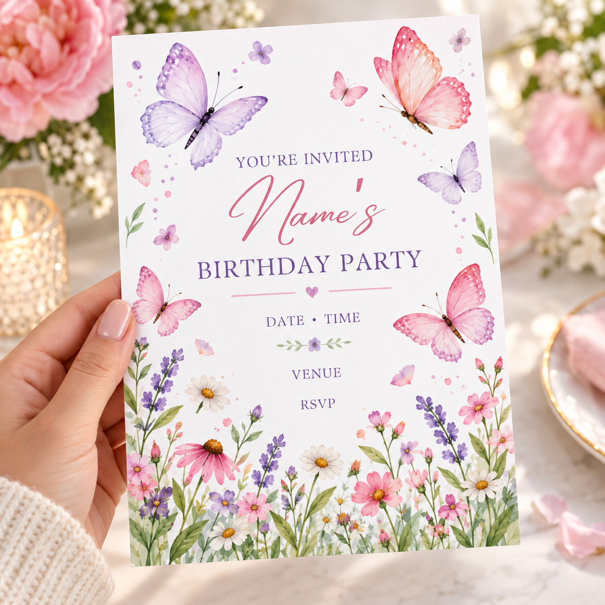 Pink and lilac butterfly invitation held near pink roses on a sunny table