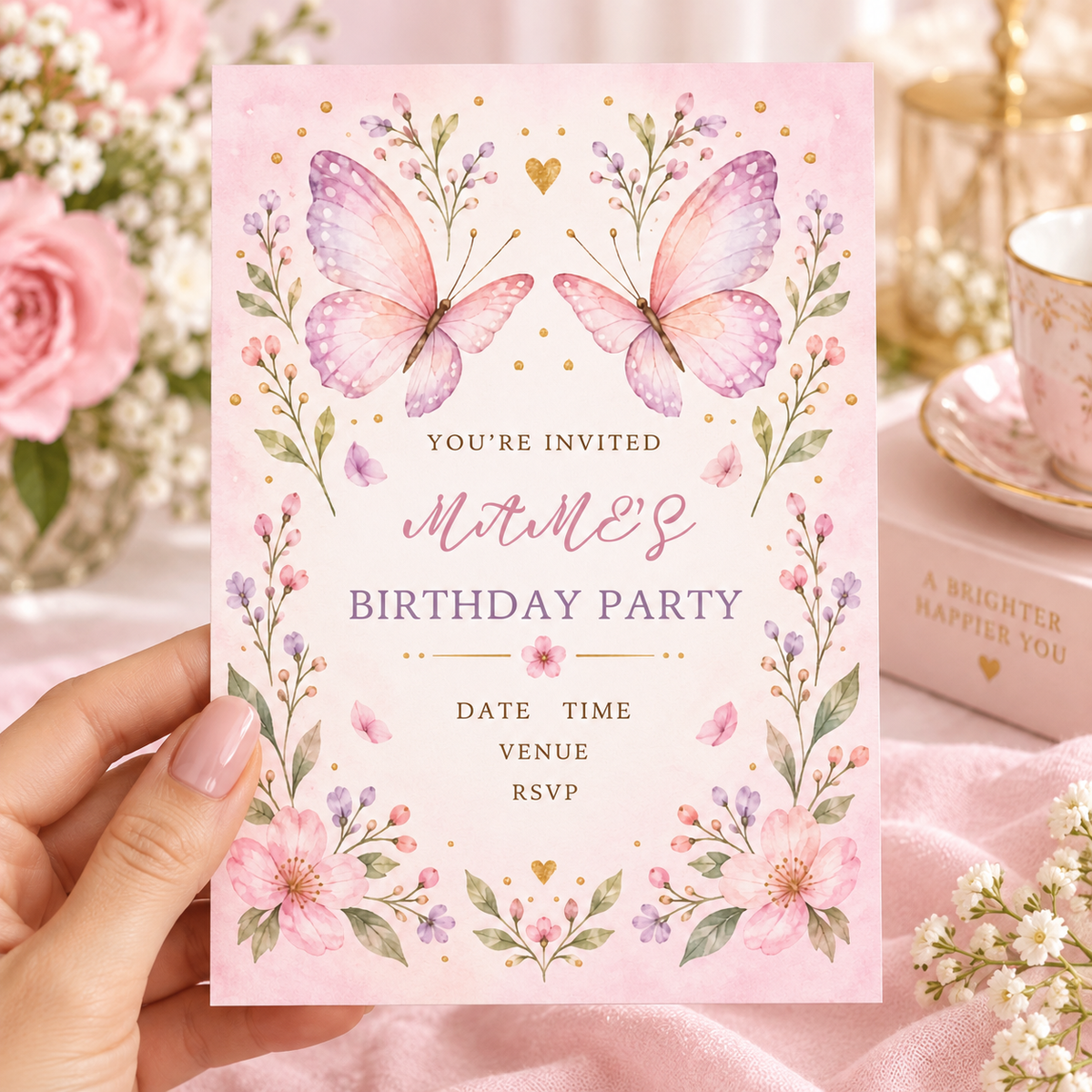 Hand holding a blush pink birthday invitation with two mirrored butterflies and wildflower sprigs