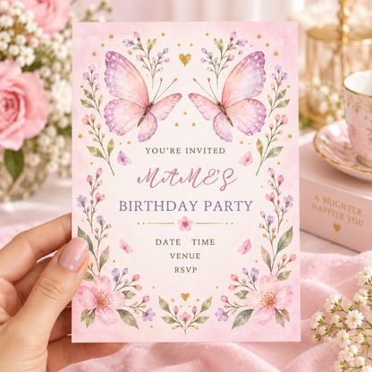 Hand holding a blush pink birthday invitation with two mirrored butterflies and wildflower sprigs