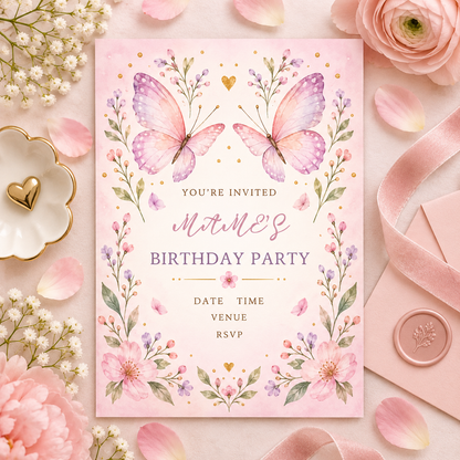 Blush butterfly invitation on pink fabric beside a sealed envelope and gold heart dish