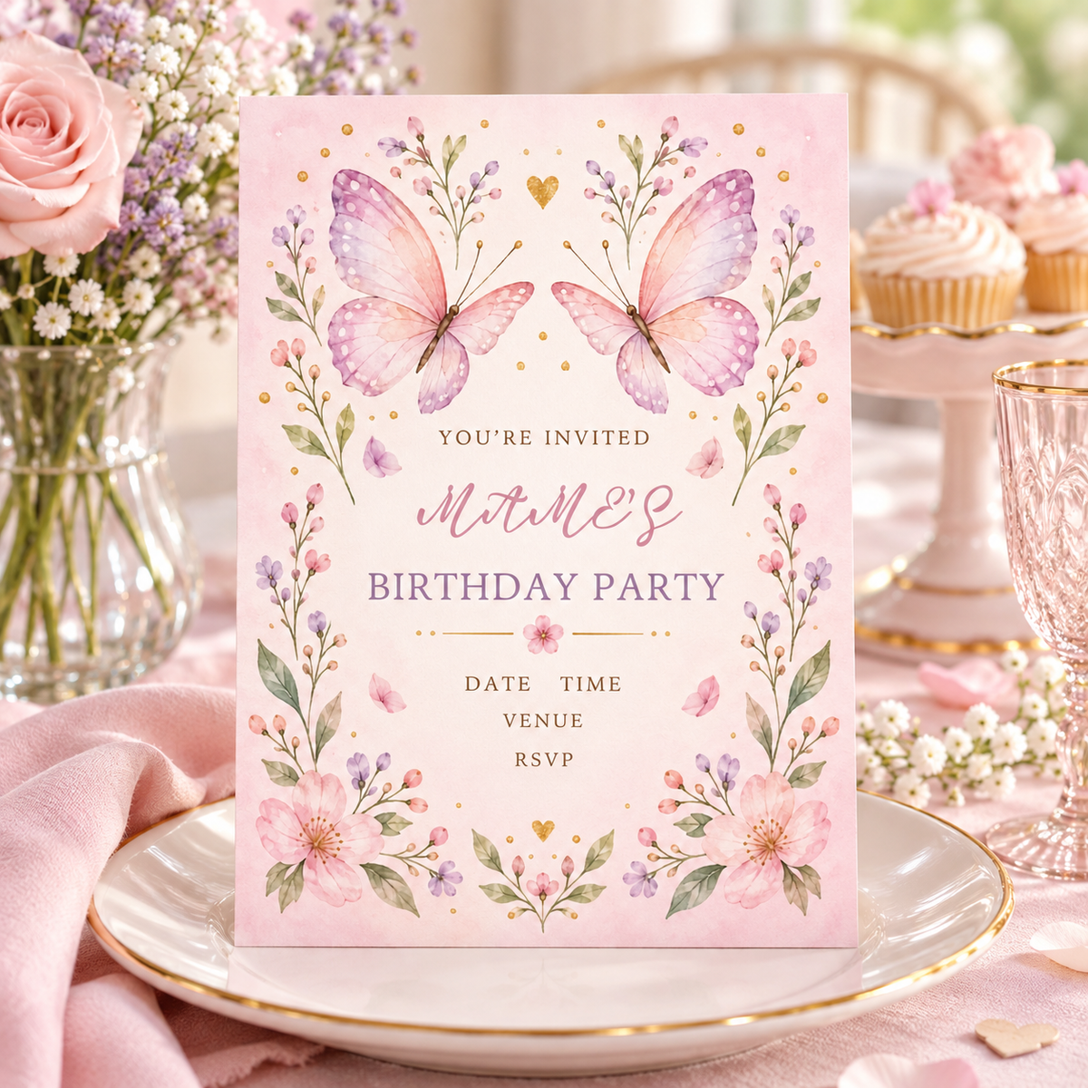 Pink butterfly birthday invitation on a plate on a table with cupcakes and roses