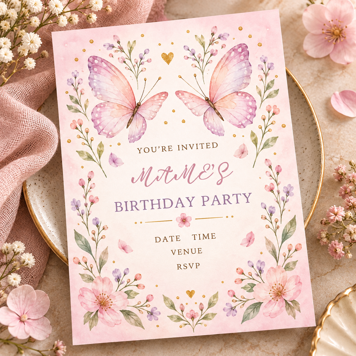 Blush butterfly invitation angled on a gold-rimmed plate with pink linen