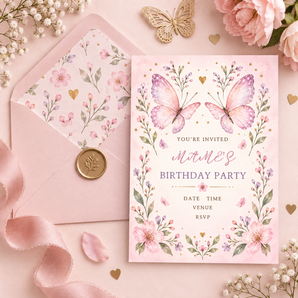 Pink butterfly birthday invitation beside a floral-lined pink envelope with a gold wax seal