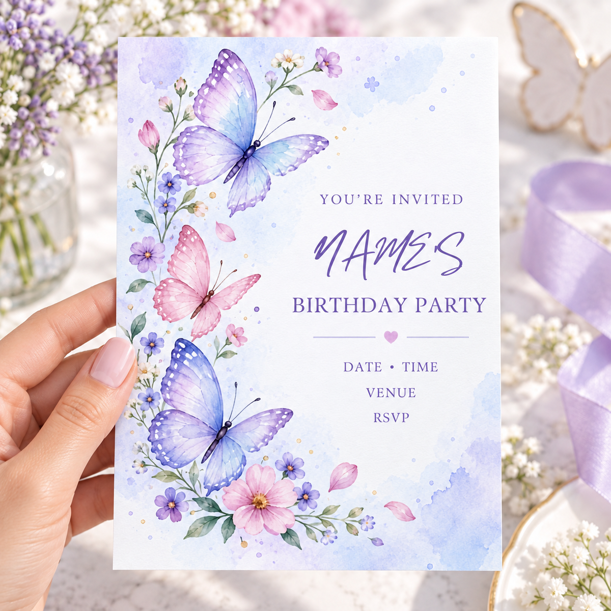 Hand holding a periwinkle watercolor birthday invitation with three butterflies along a flowering vine