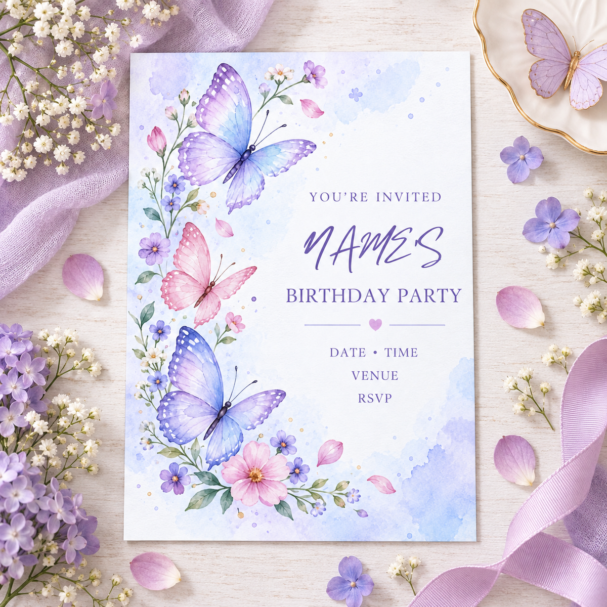 Watercolor butterfly invitation on a cream surface with lavender sprigs and pink petals