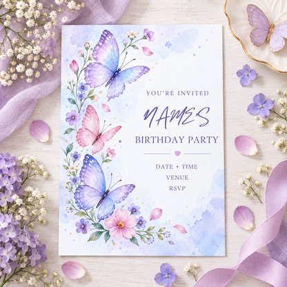 Watercolor butterfly invitation on a cream surface with lavender sprigs and pink petals