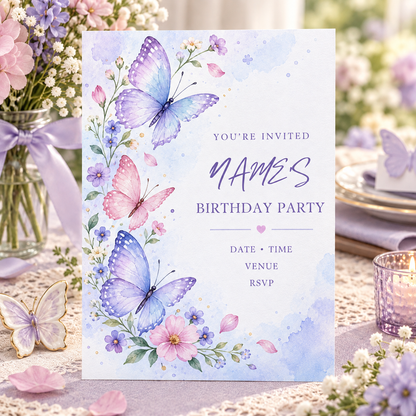 Butterfly birthday invitation standing on a pastel table with flowers and a lilac bow