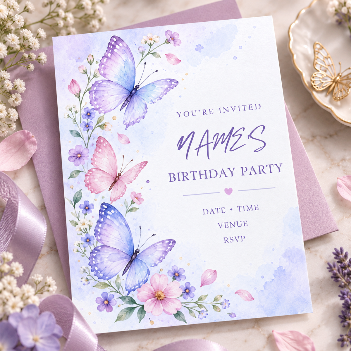 Lilac and pink butterfly birthday invitation laid on a pink envelope with satin ribbon