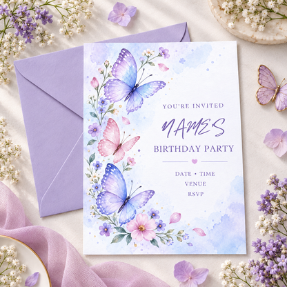 Watercolor butterfly invitation beside a lilac envelope, purple petals and baby's breath