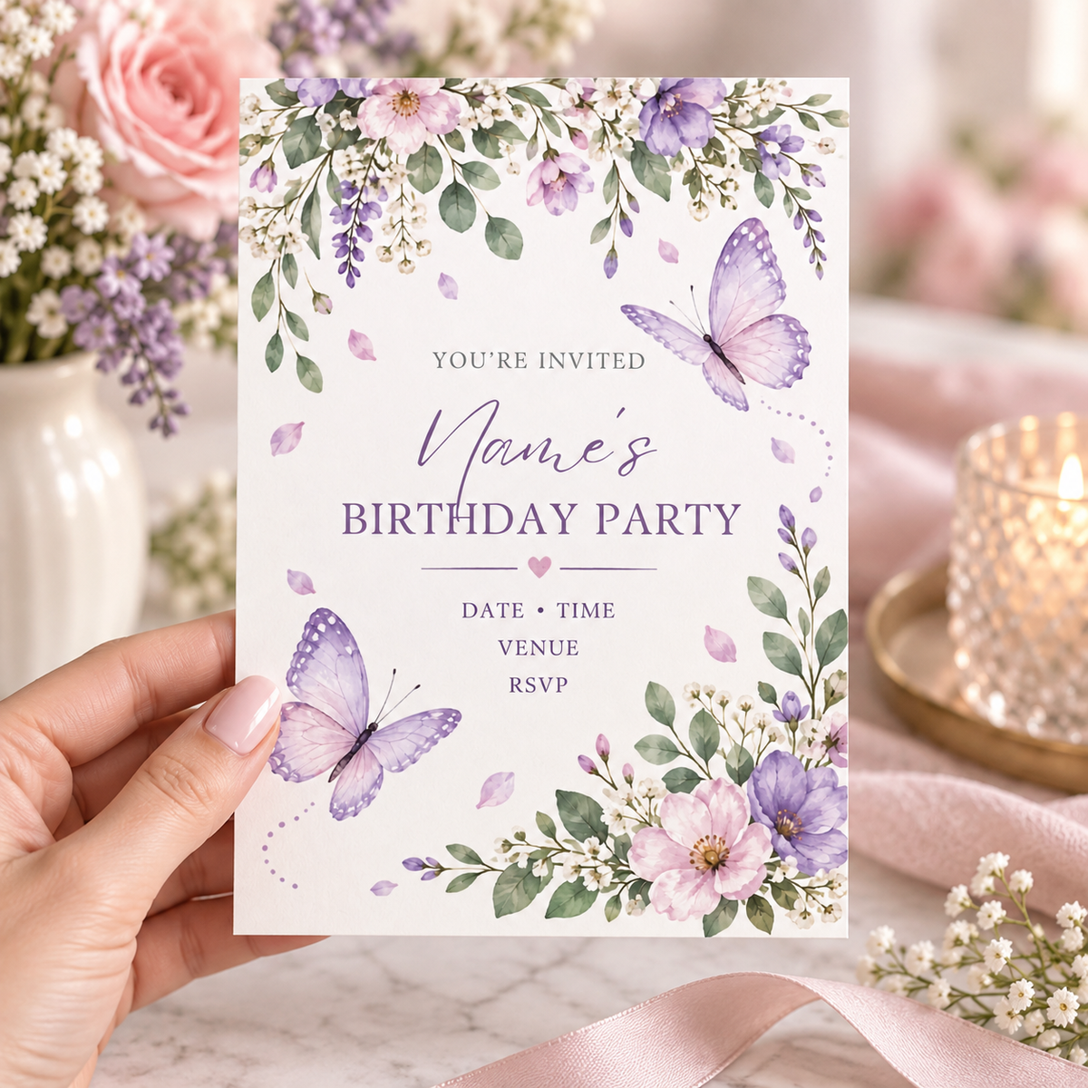 Hand holding a white birthday invitation with lavender watercolor florals and two lilac butterflies