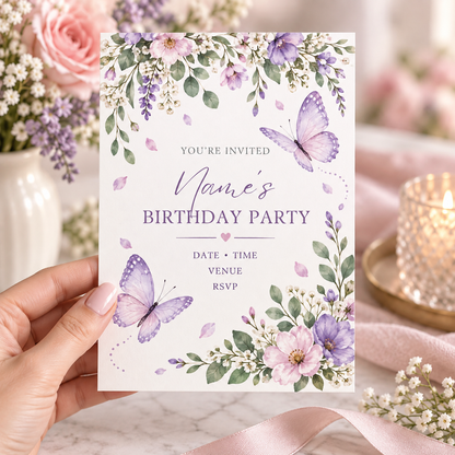Hand holding a white birthday invitation with lavender watercolor florals and two lilac butterflies