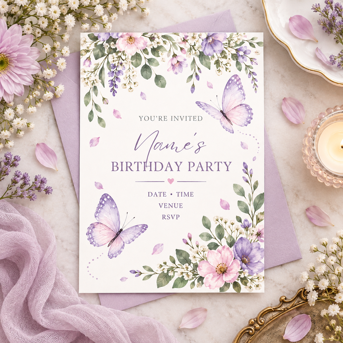 Lavender butterfly birthday invitation on a lilac envelope with baby's breath and pink petals