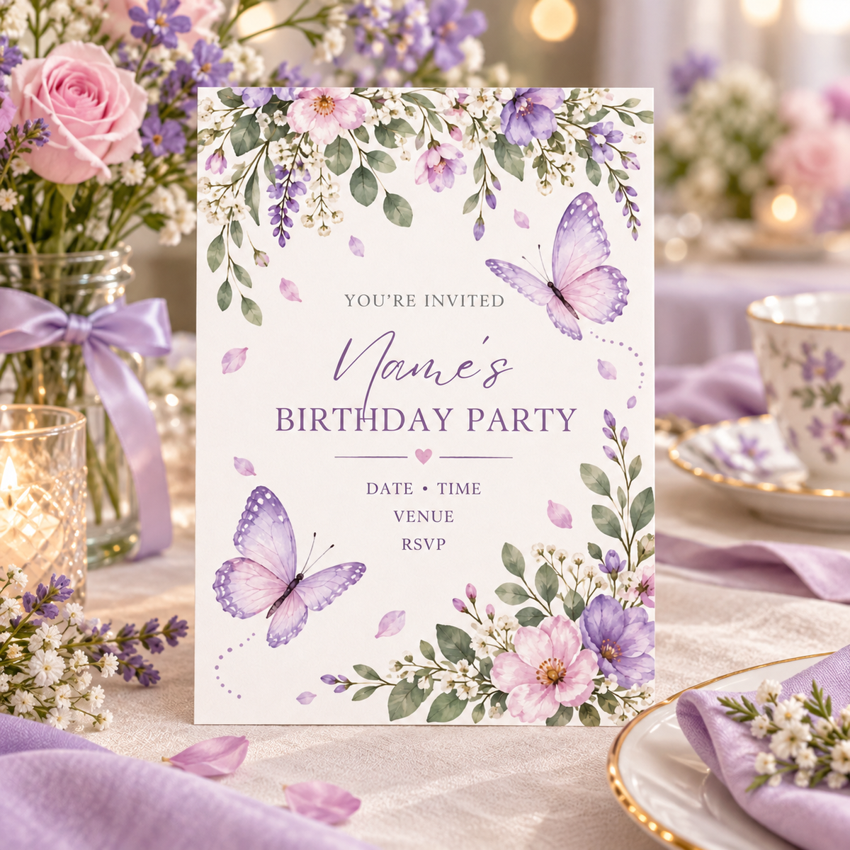Purple floral butterfly invitation standing on a party table with roses and teacups