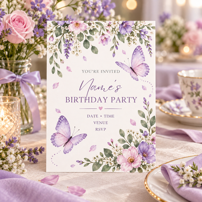 Purple floral butterfly invitation standing on a party table with roses and teacups