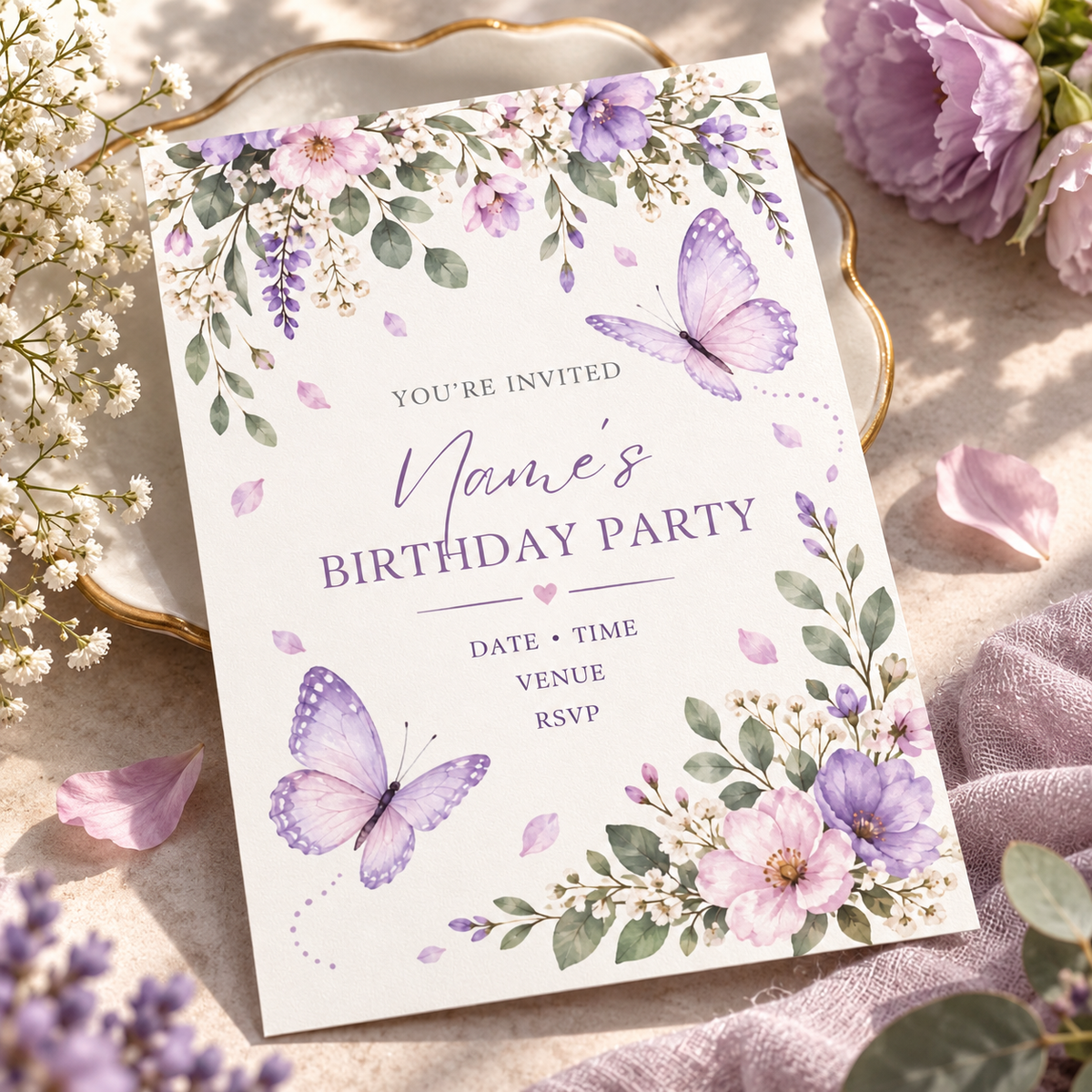 Lavender butterfly birthday invitation angled on a gold-rimmed plate beside dried flowers