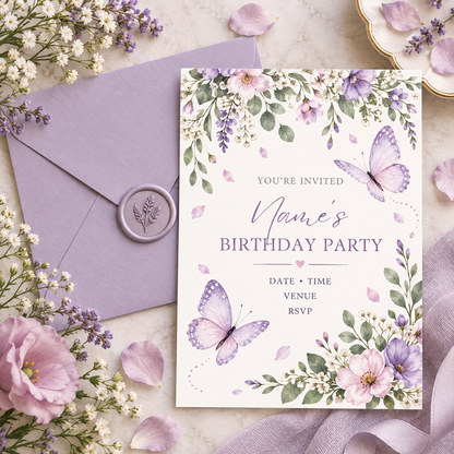 Butterfly birthday invitation next to a lilac envelope sealed with a wax stamp